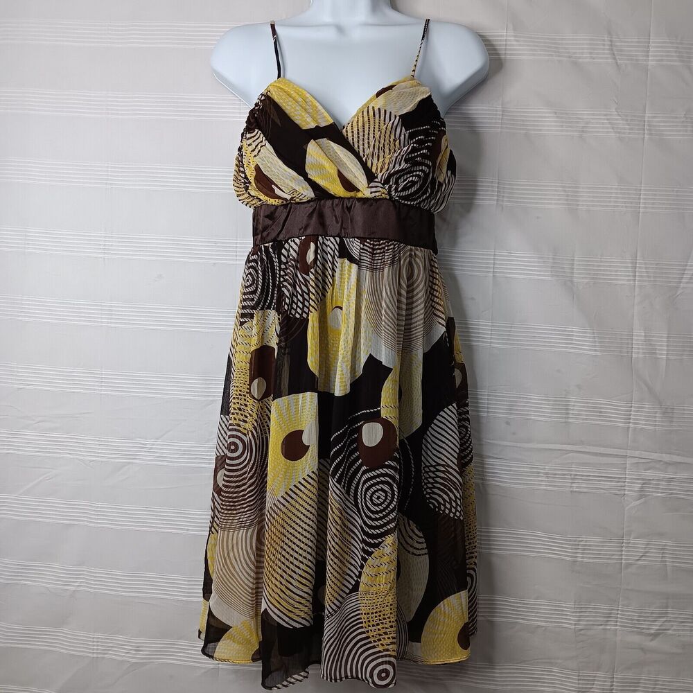 Alyn Paige‎ Empire Waist Dress Size 7/8 Brown Yellow Y2K Tie Back Coquette